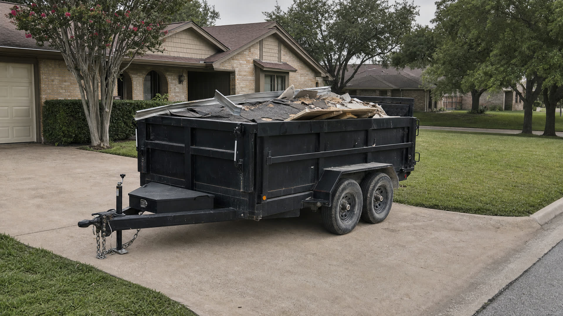Black 14-foot dump trailer loaded with renovation debris parked in a suburban Dallas driveway
